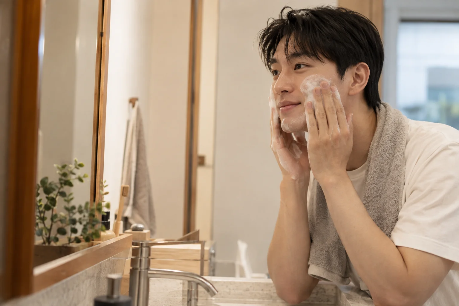 집에서 소량의 거품으로 볼을 부드럽게 세안하는 성인 남성