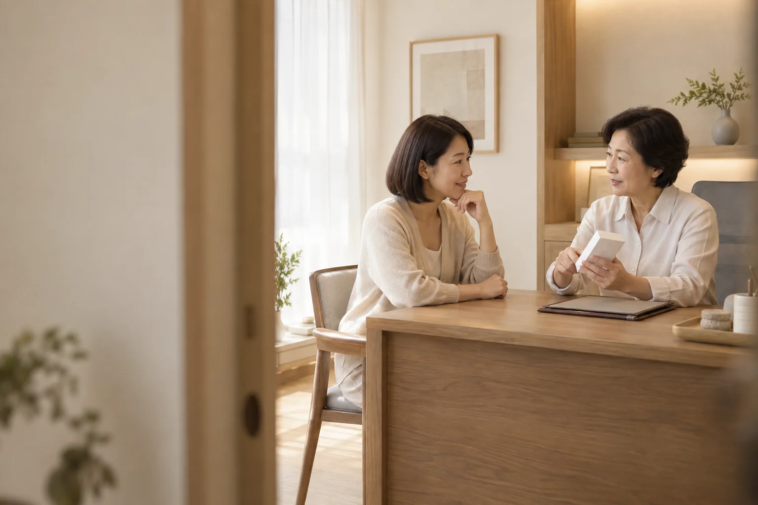 포장된 제품과 질문 자료를 함께 확인하는 중년 여성과 상담자