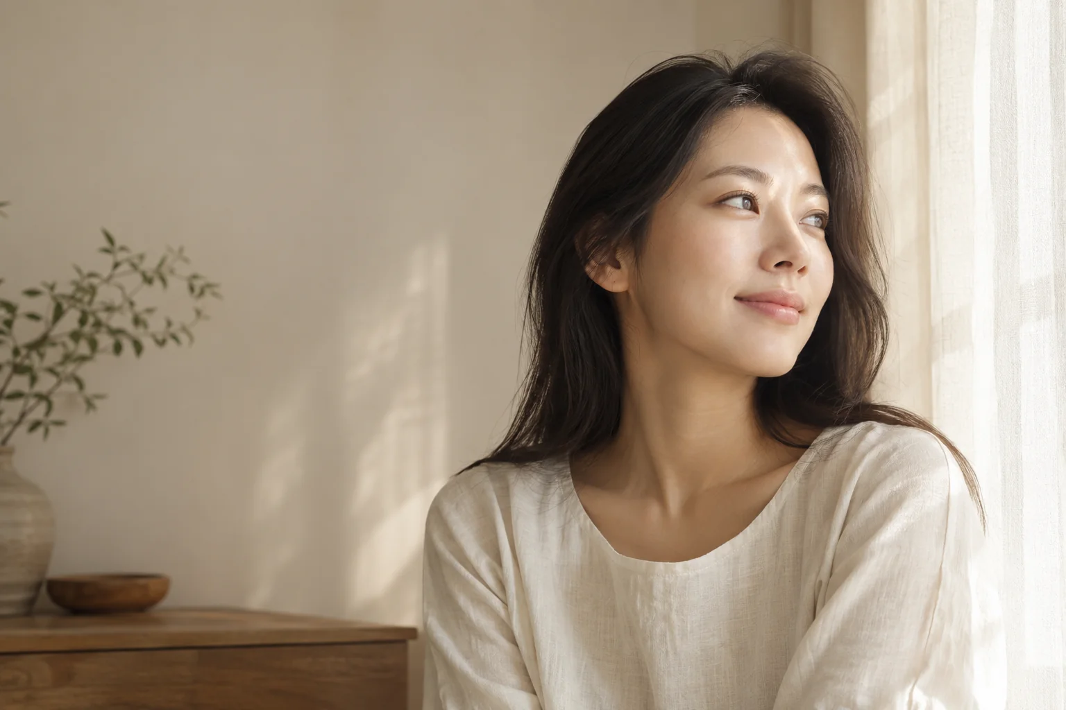 부드러운 창가 빛 아래에서 맑고 균일한 피부톤을 보여 주는 성인 모델