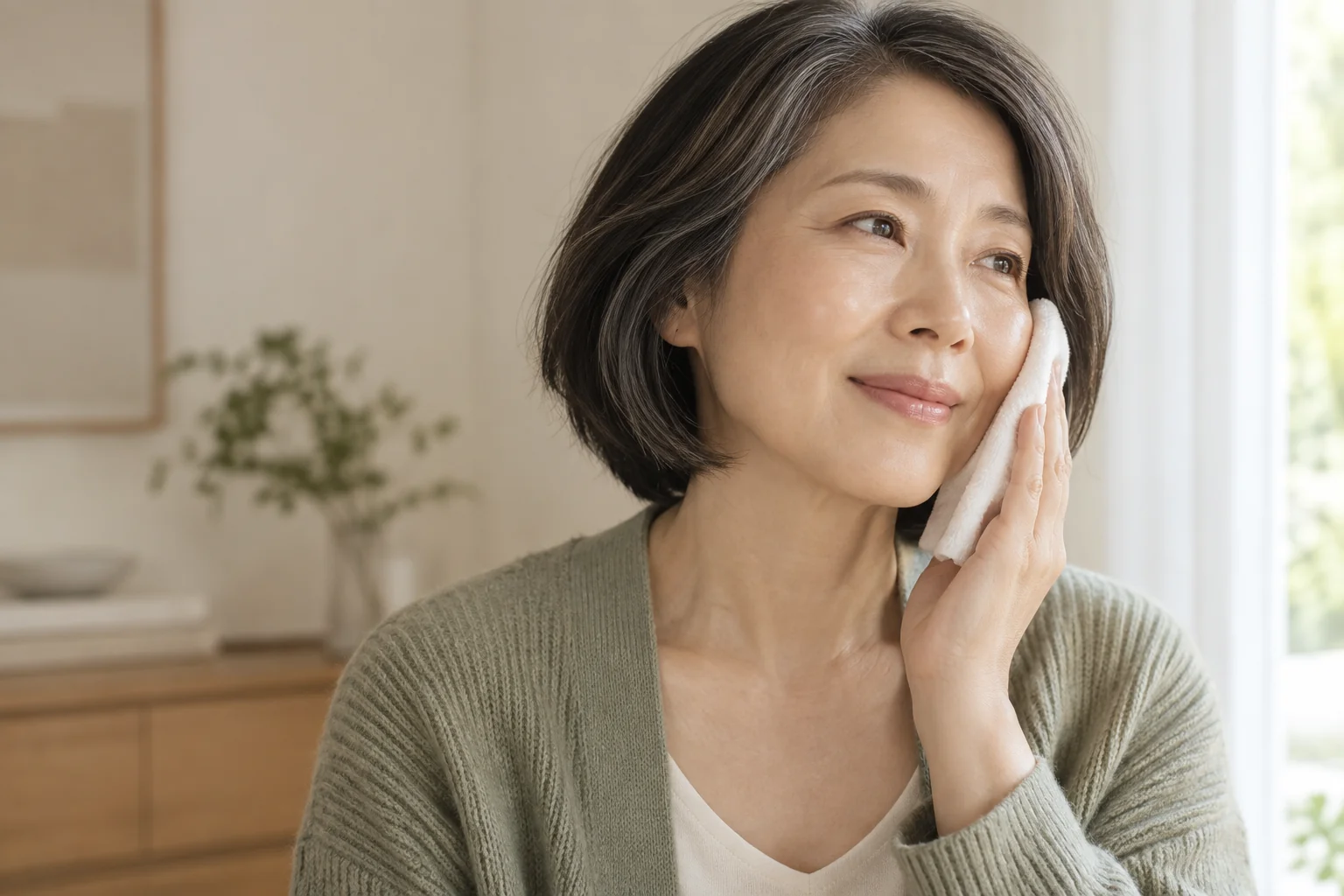 창가에서 부드러운 코튼 천을 볼에 대고 있는 중년 성인 모델