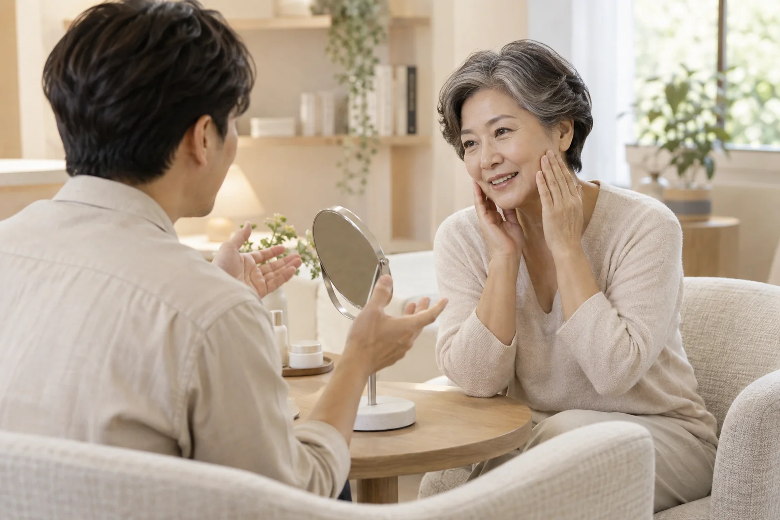 손거울과 함께 피부 관리의 관심을 나누는 노년 여성과 상담자
