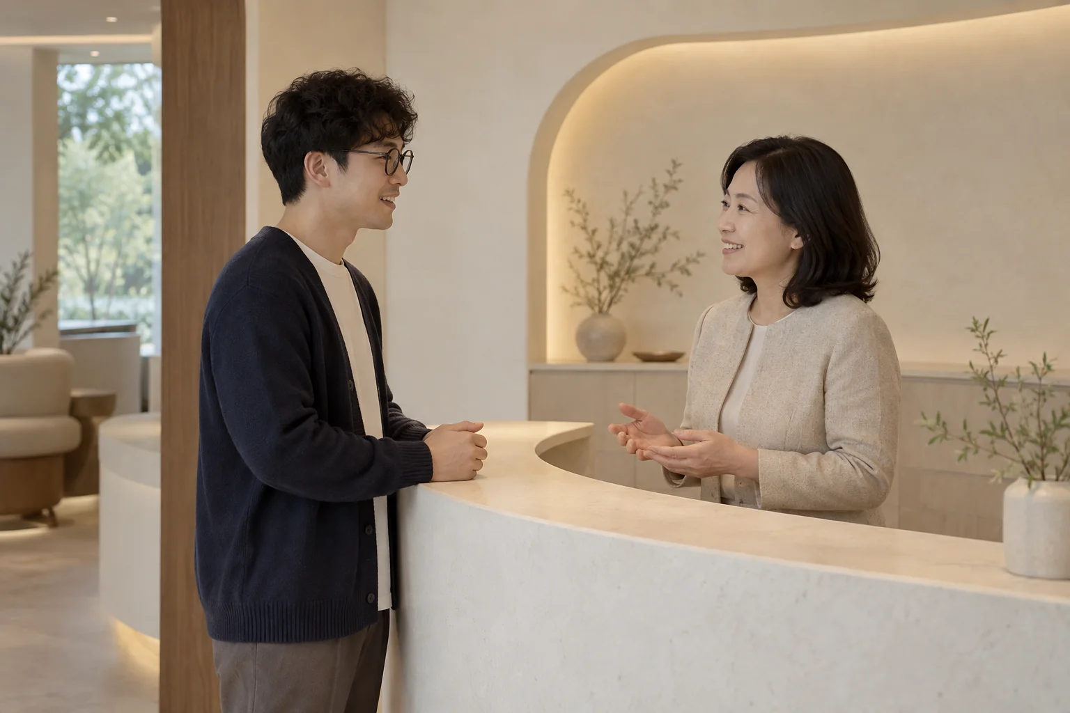 접수 공간에서 편안하게 대화하는 성인 남성 방문자와 상담자