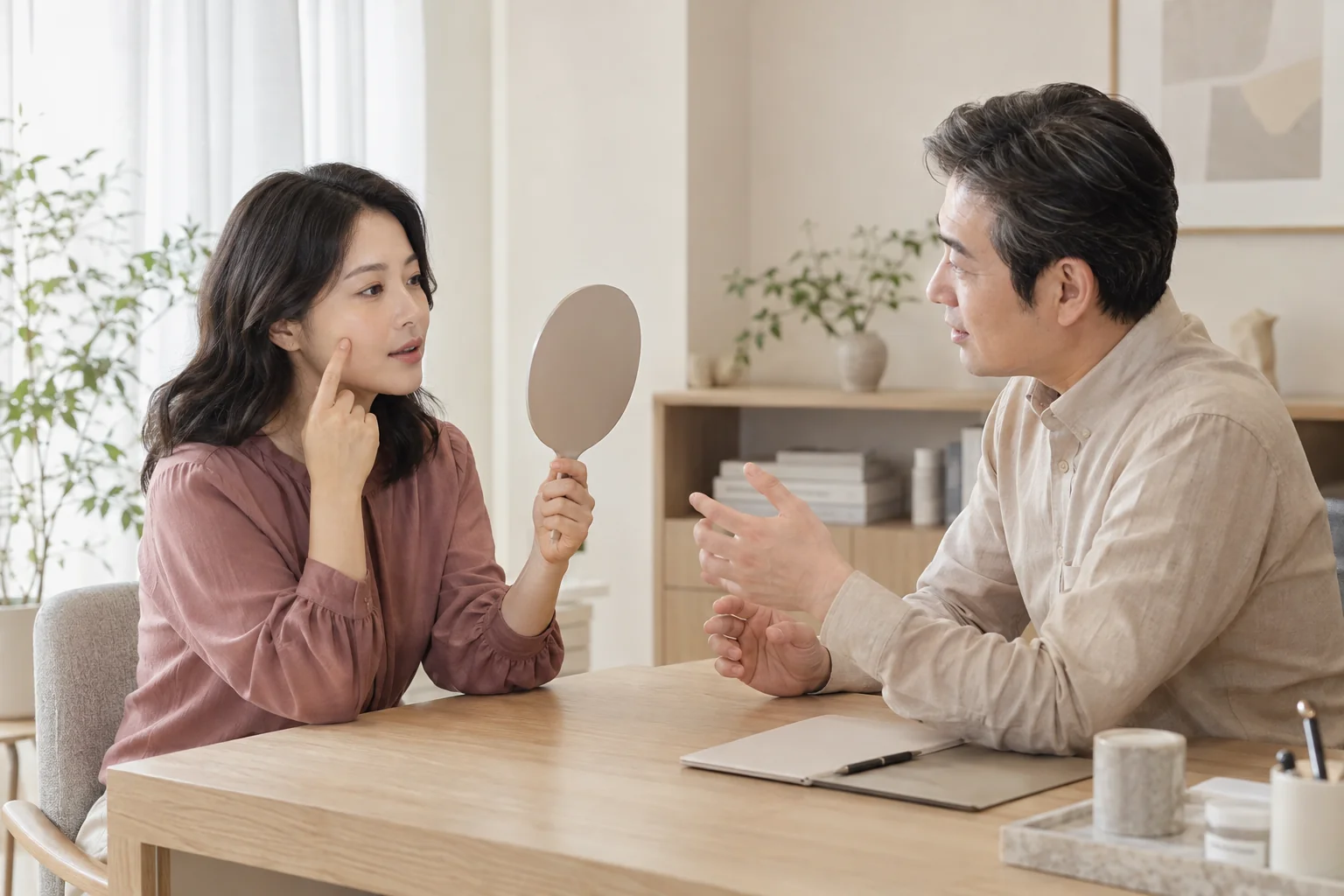 손거울과 함께 볼의 관심 부위를 이야기하는 성인 여성과 상담자