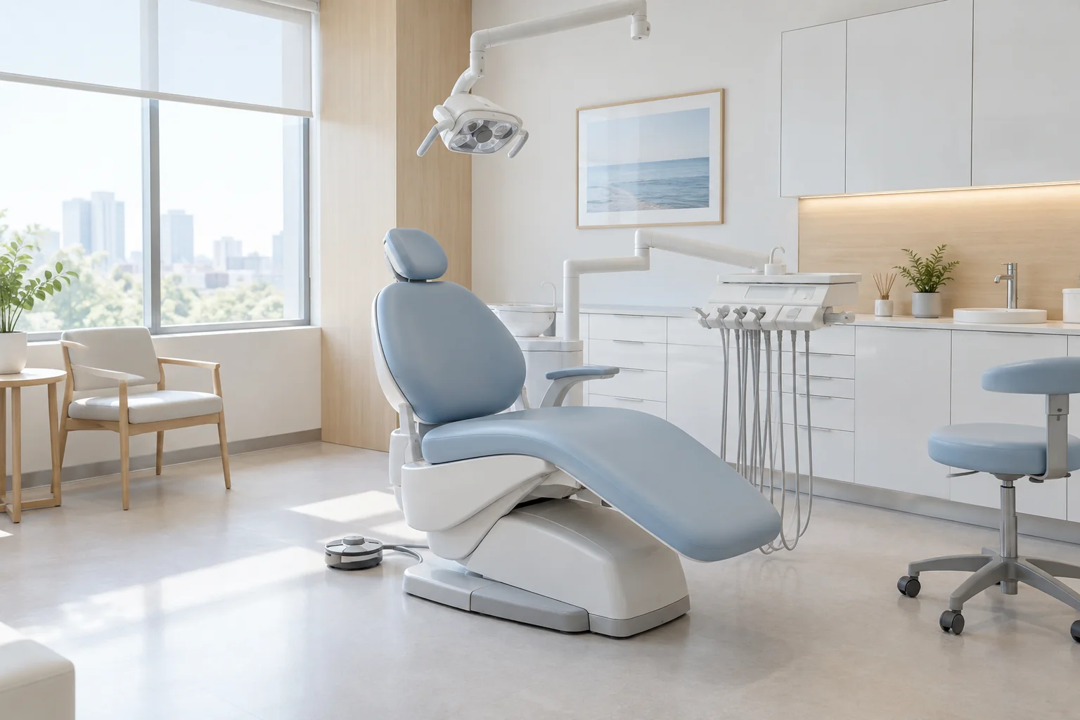 자연광과 정돈된 치과 진료 의자가 있는 공간