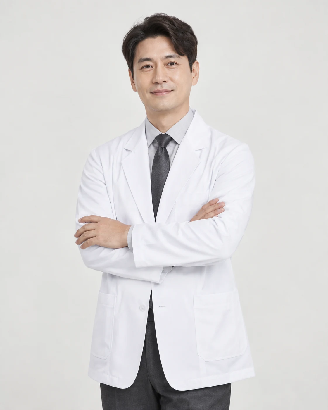 흰 가운을 입고 서 있는 가상의 남성 진료팀 인물