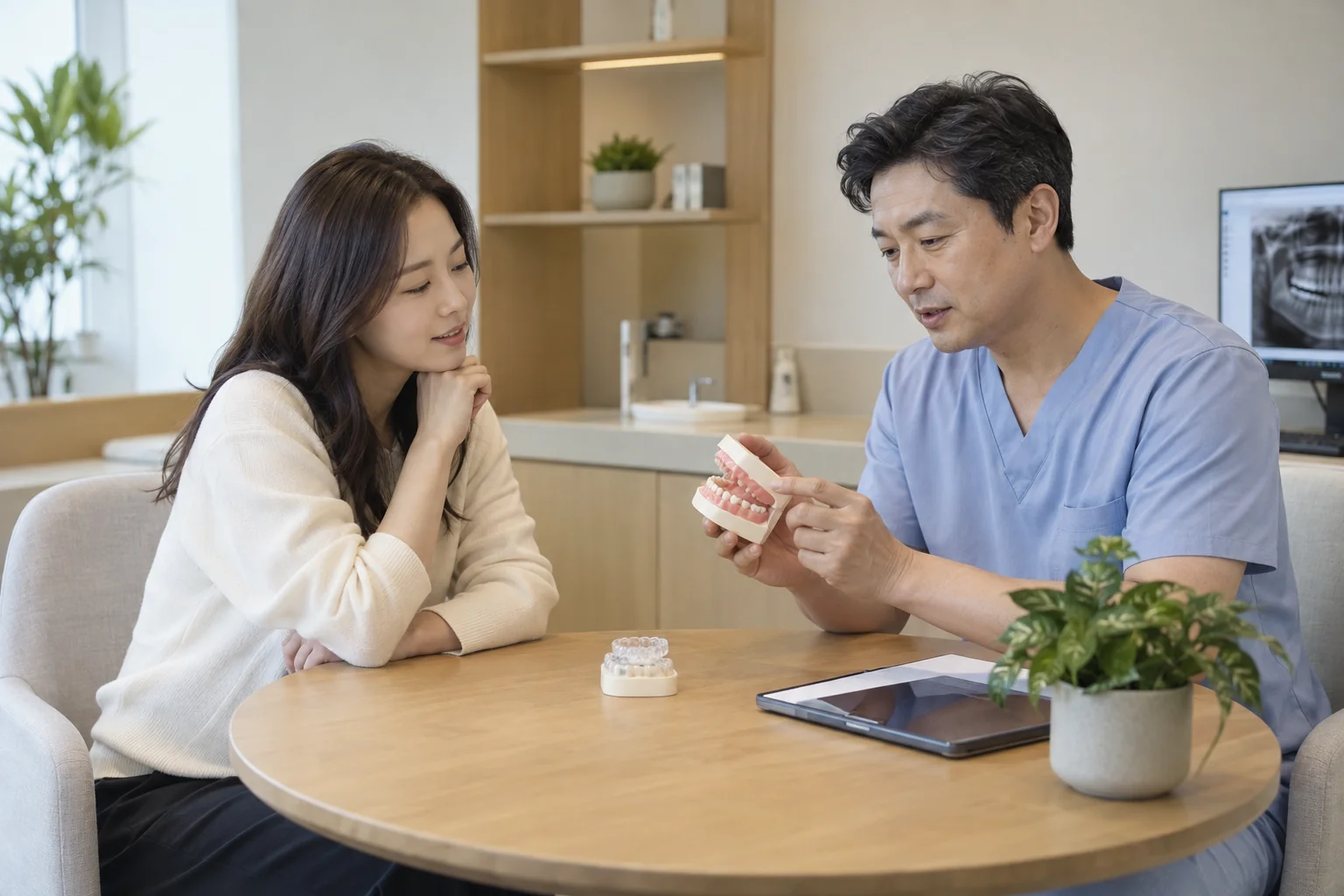 치아 모형을 놓고 상담하는 가상의 성인 여성과 남성 진료팀