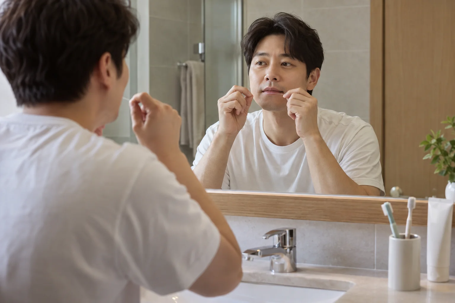 거울 앞에서 치실을 준비하는 가상의 성인 남성