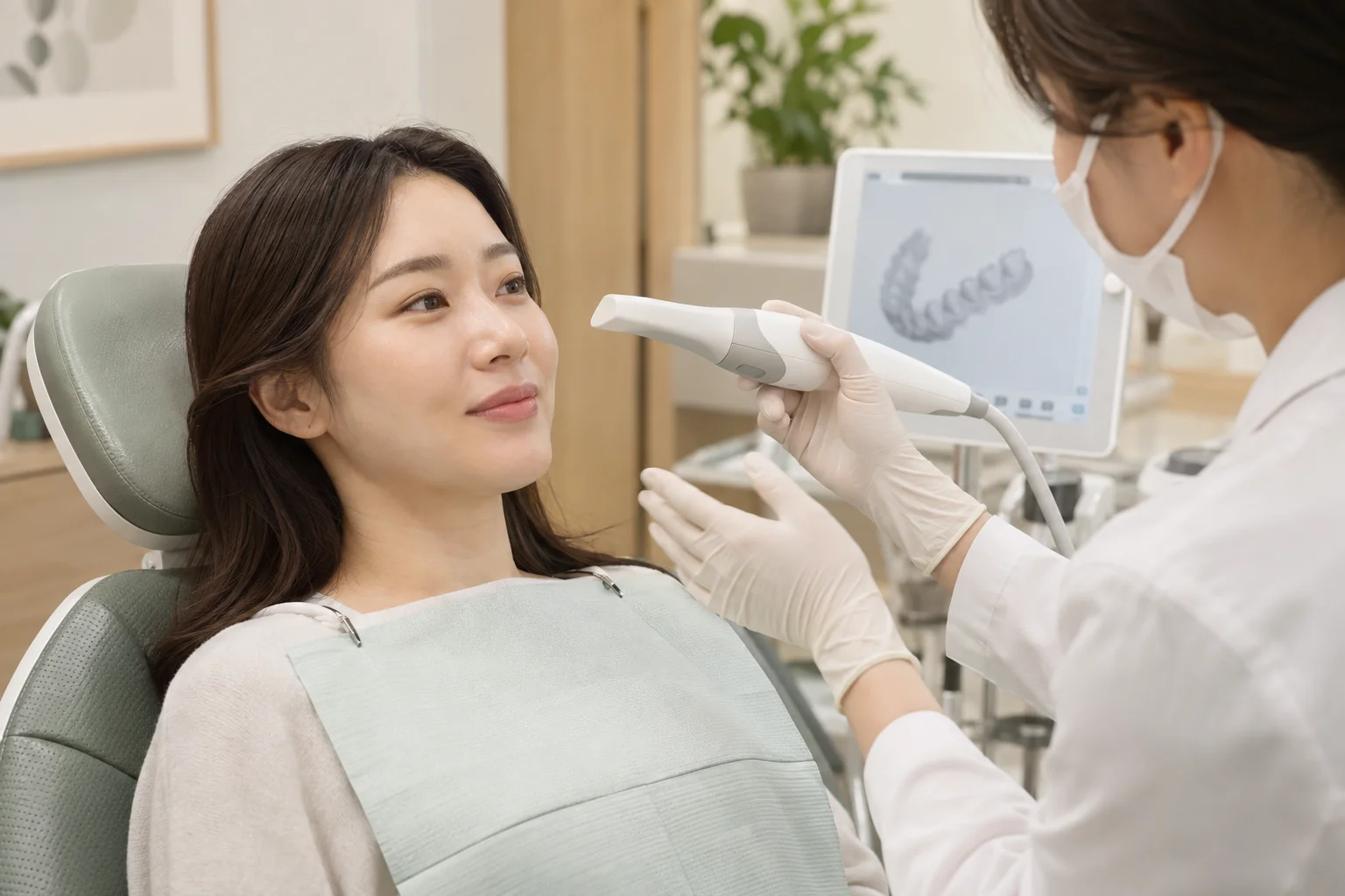 입을 다문 가상의 성인 여성 앞에서 구강 스캐너를 설명하는 준비 장면
