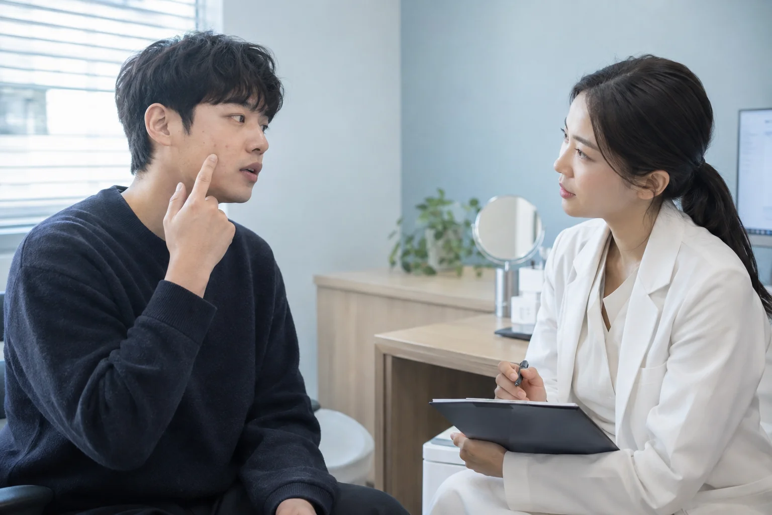 볼의 트러블 고민을 설명하는 가상의 성인 남성과 진료팀