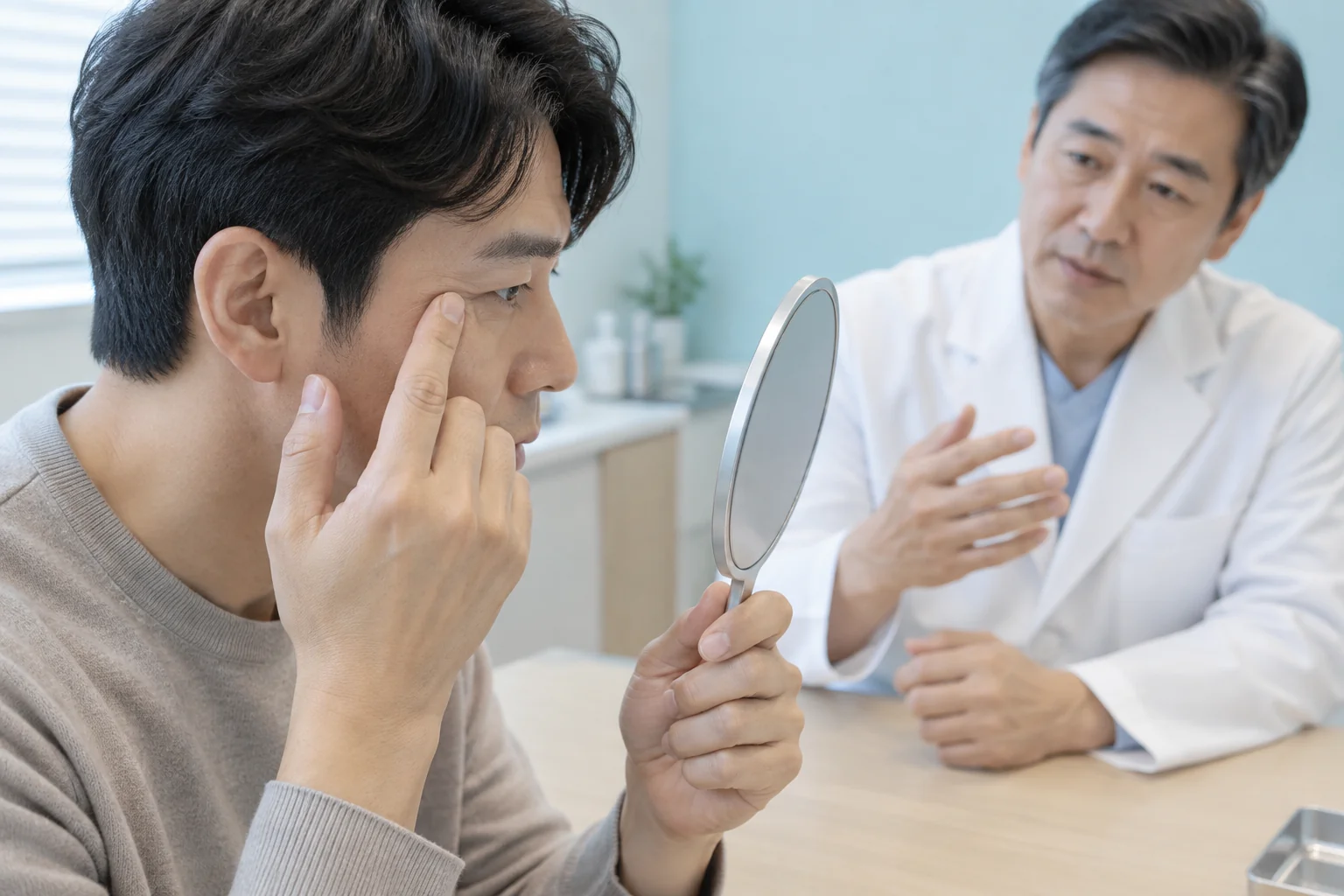 손거울로 눈가를 살피며 질문하는 가상의 성인 남성과 진료팀