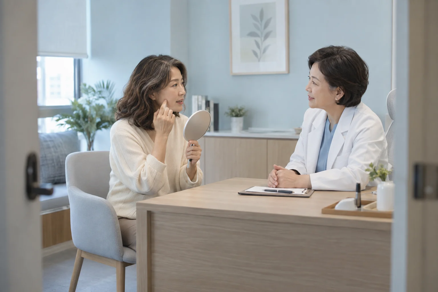 손거울을 보며 볼의 인상에 관해 이야기하는 가상의 중년 여성과 진료팀