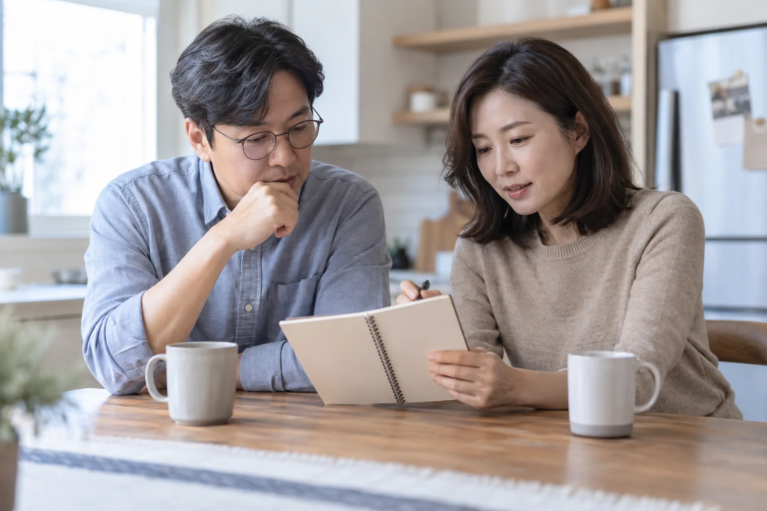 가정에서 눈 관련 질문을 함께 정리하는 성인들