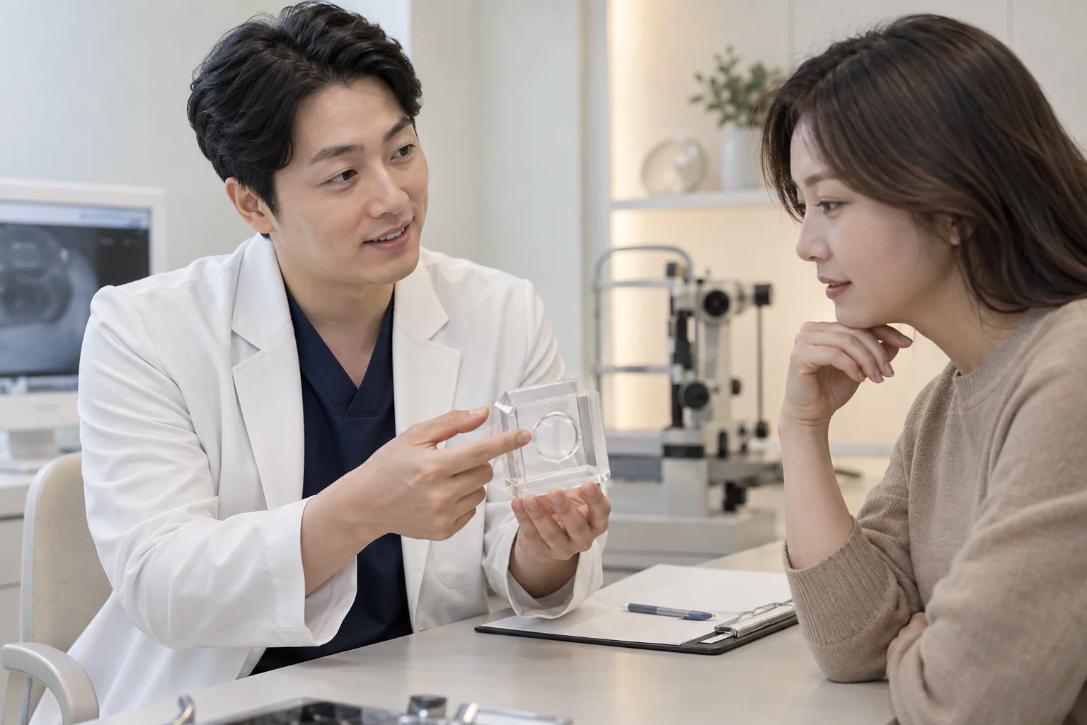 설명용 렌즈 모형을 함께 살펴보는 상담 장면
