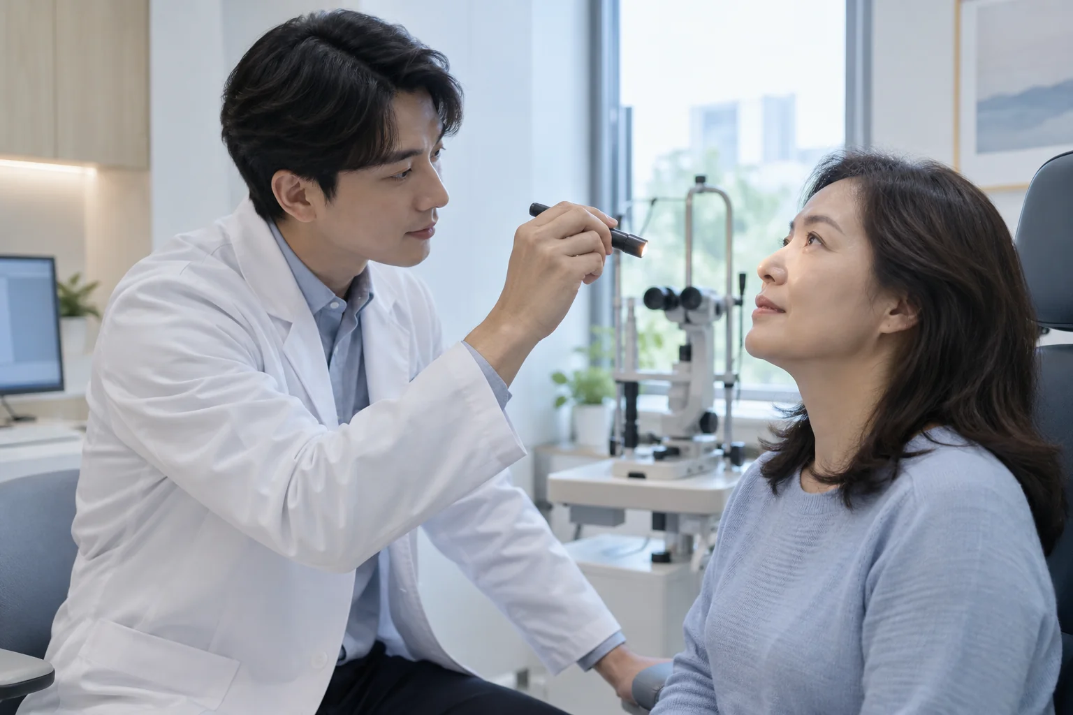작은 검사 조명으로 눈을 관찰하는 설명용 장면