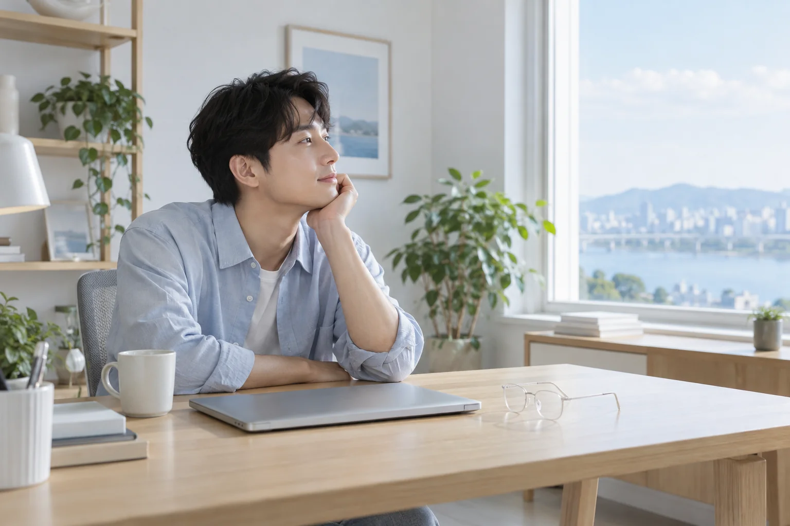창밖을 바라보는 성인 모델의 일상 속 시각 장면