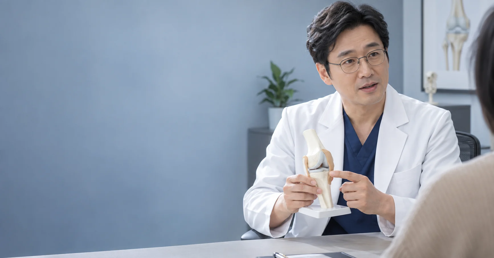 가상 의료진이 무릎 관절 모형으로 성인 모델에게 설명하는 상담 장면