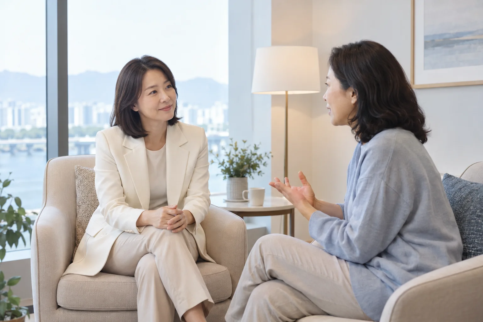 창가 상담 공간에서 대화를 나누는 성인 모델들