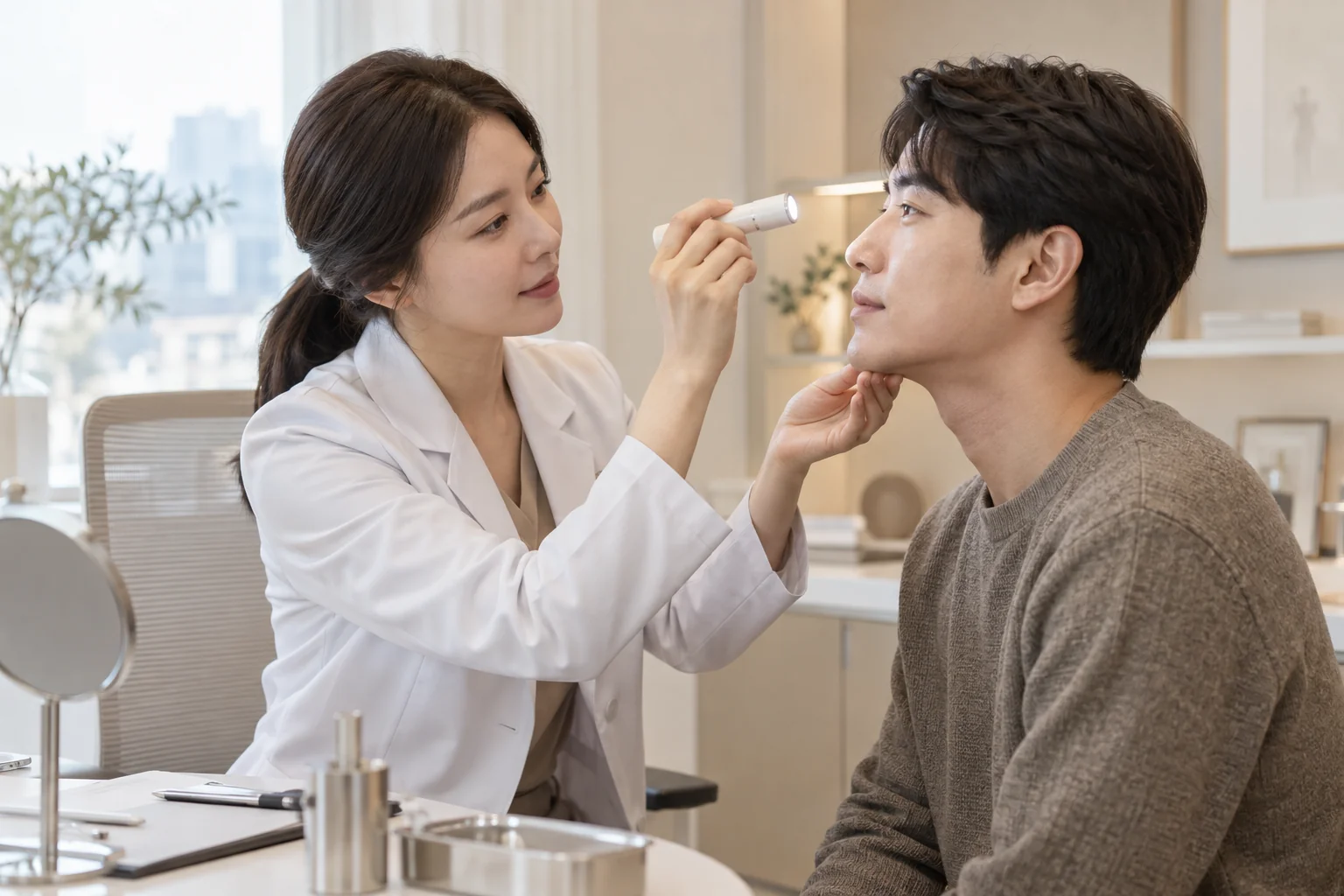 부드러운 조명 아래 얼굴의 관심 부위를 살피는 상담 장면
