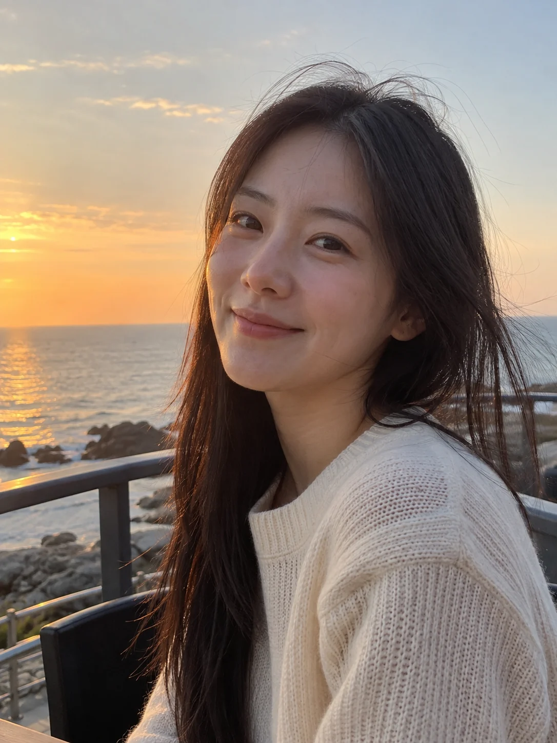 바다 테라스에서 햇살을 즐기는 여성 모델